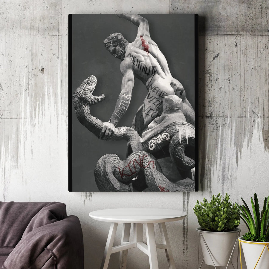 Greek Statue Canvas Wall Art | Hustle Mentality Graffiti Print | 1.25 Inch Premium Gallery Wrap | Motivational Office Decor for Men