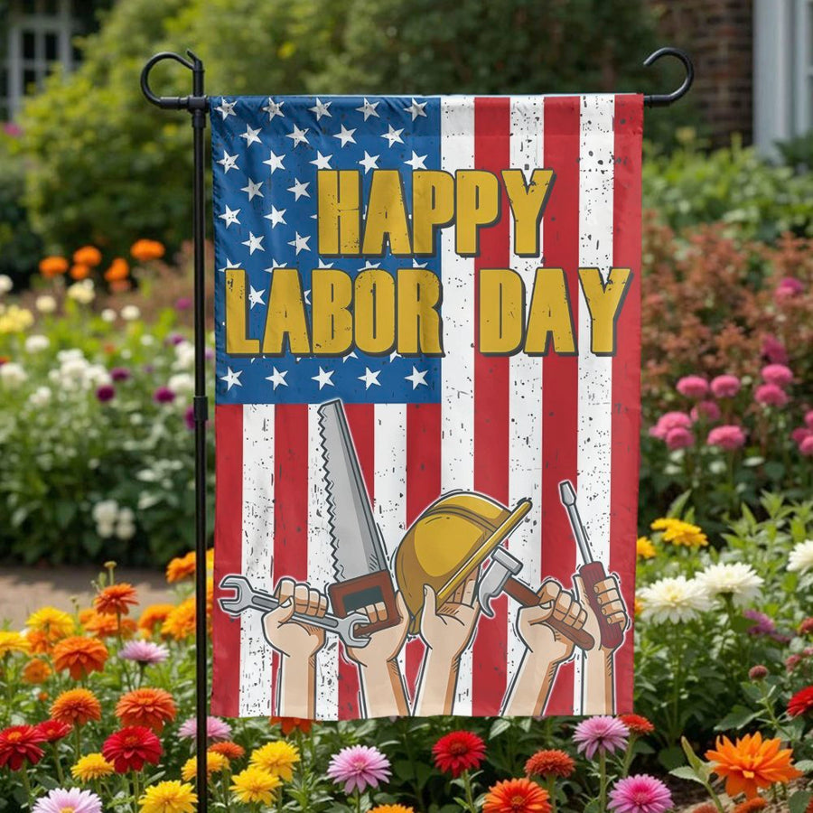 Happy Labor Day Garden Flag | American Flag Tools Design | Premium Weather-Resistant Polyester | Patriotic Outdoor Yard Decor Gift