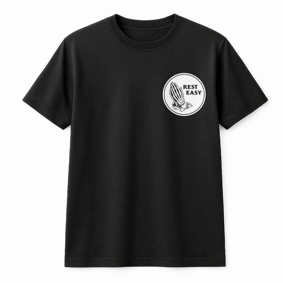 Rest Easy Skeleton T-Shirt | Gothic Praying Hands Graphic | Premium Cotton Unisex Apparel | Edgy Aesthetic Streetwear Gift For Men And Women