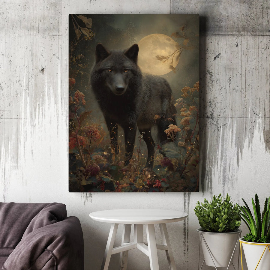 Mystical Black Wolf Vertical Canvas | Enchanted Full Moon Forest Scene | Premium Gallery Quality Print | Wall Art Gift for Wildlife Lover