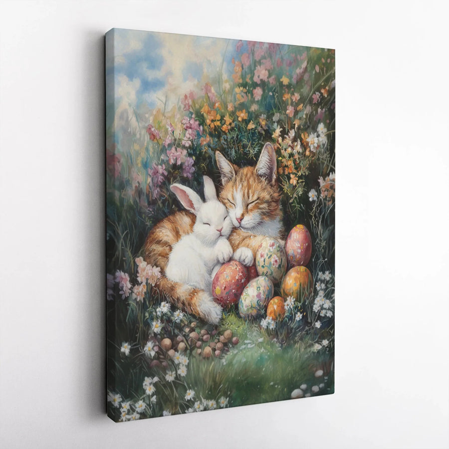 Easter Cat and Bunny Canvas Art | Cuddling Animals in Spring Garden | Premium Gallery Print | Holiday Decor Gift for Animal Lovers