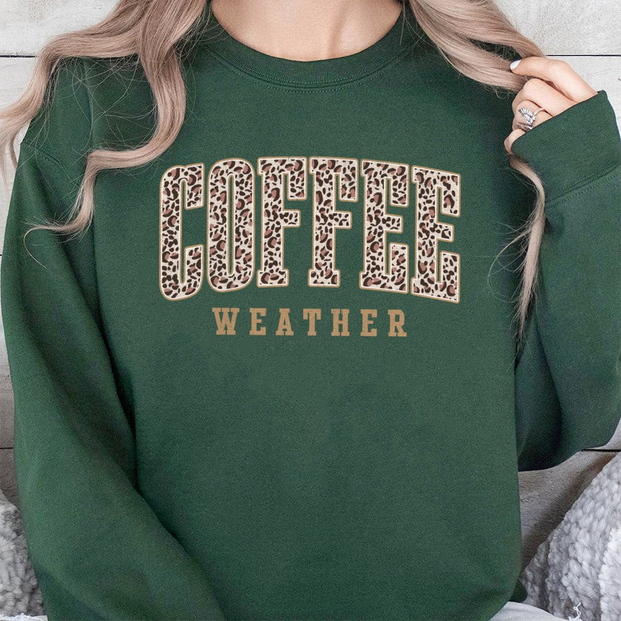 Coffee Weather Sweatshirt | Leopard Print Varsity Letter Design | Soft Cotton Blend Premium Fleece | Cozy Fall Gift for Coffee Lovers