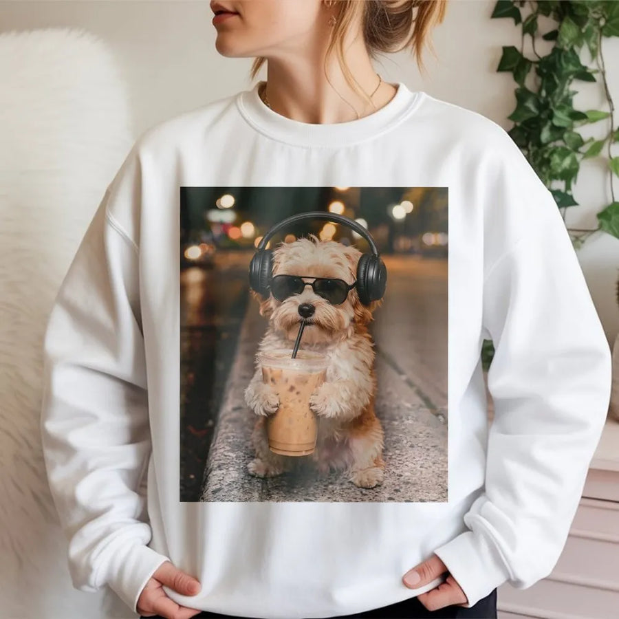 Funny Havanese Sweatshirt | Dog with Headphones Drinking Coffee Meme | Soft Cotton Graphic Tee | Gift for Dog Mom Lover
