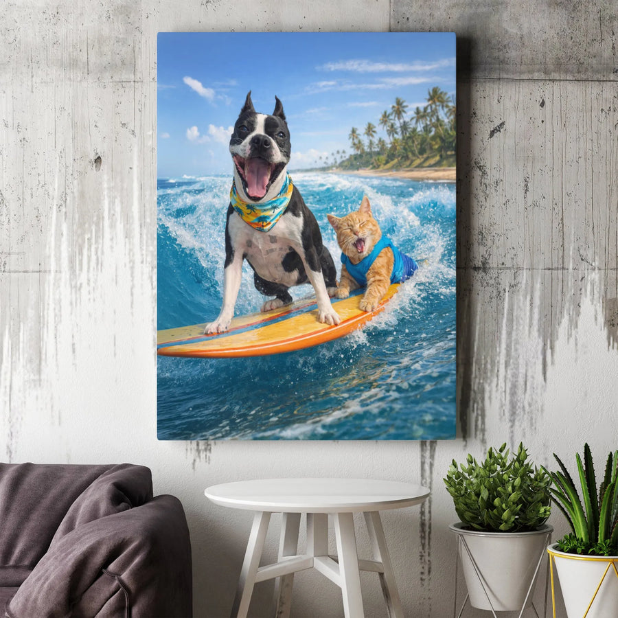 Surfing Dog and Cat Canvas Print | Funny Pet Wall Art with Tropical Beach Scene | Premium Frameless Canvas | Coastal Home Decor Gift for Pet Lovers
