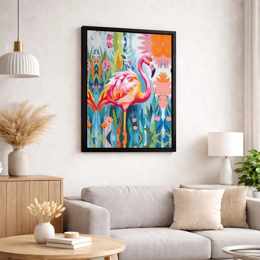 Colorful Flamingo Canvas Wall Art | Tropical Garden Bird Painting | Premium 1.25-Inch Gallery Wrap | Modern Home Decor Gift