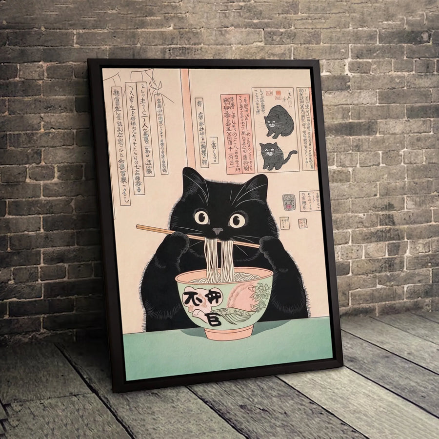 Japanese Black Cat Ramen Canvas Art | Ukiyo-E Style Wall Decor | Premium Fade-Resistant Print | Quirky Kitchen & Home Gift
