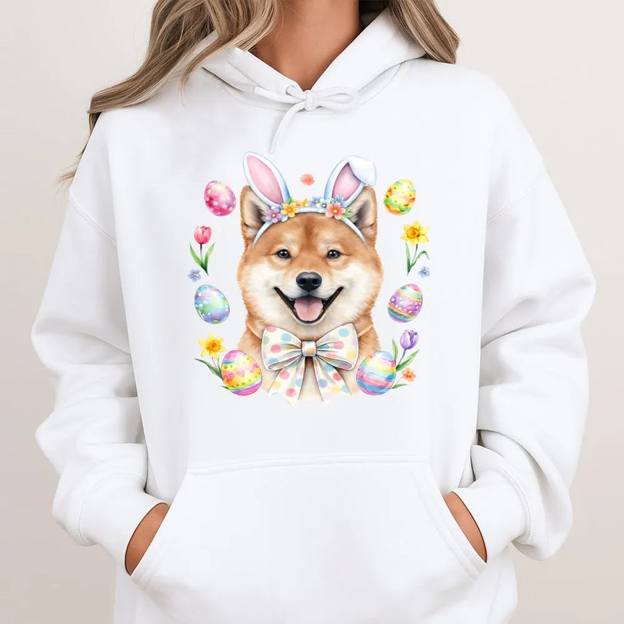 Shiba Inu Easter Hoodie | Cute Bunny Ears Puppy Graphic | Premium Cotton Blend | Spring Dog Mom Gift