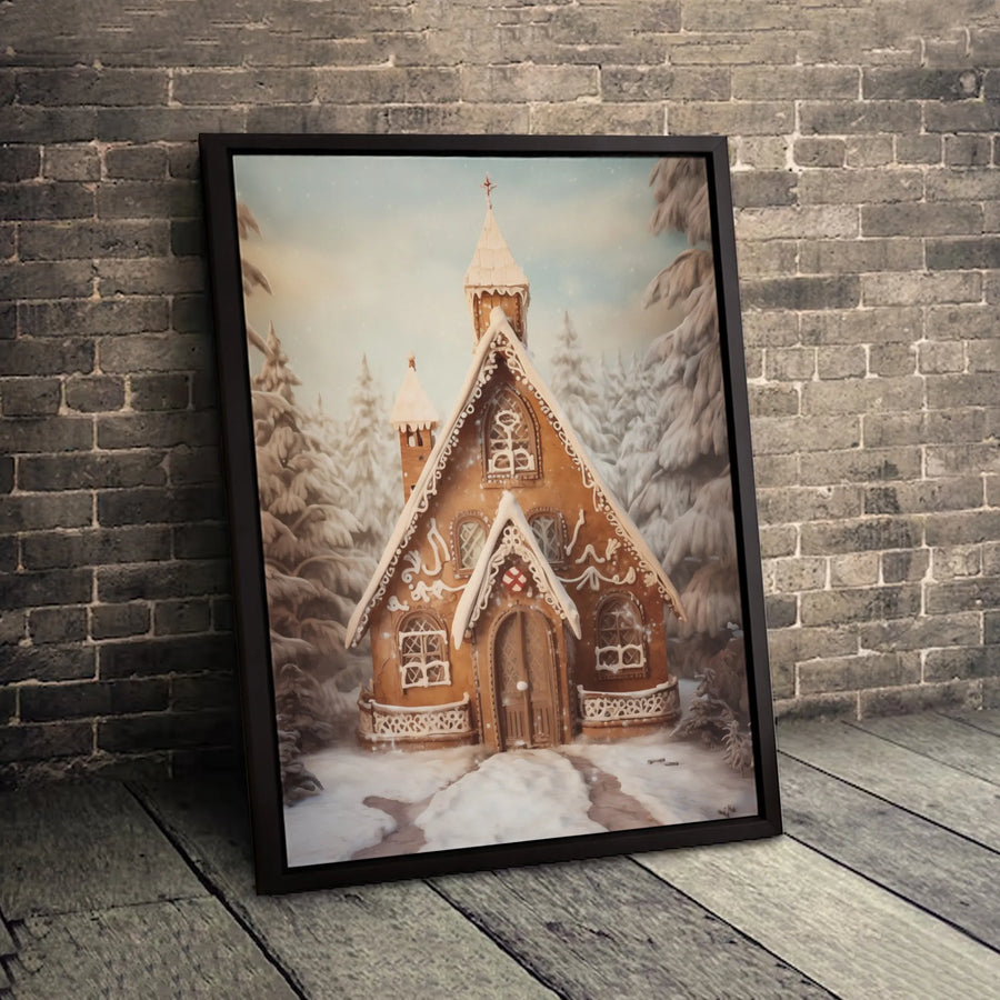 Gingerbread House Church Canvas Wall Art | Snowy Winter Forest Landscape | Premium Gallery Wrap Print | Holiday Home Decor Gift