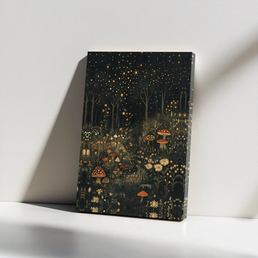Magical Forest Canvas Print | Glowing Fireflies and Wild Mushroom Art | 1.25” Gallery Wrap Frame | Premium Nature Home Decor Wall Art