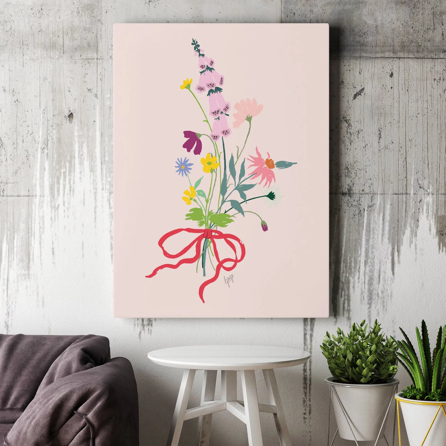 Wildflower Bouquet Vertical Canvas | Minimalist Botanical Illustration with Red Bow | Premium Thick Gallery Print | Modern Farmhouse Decor Gift