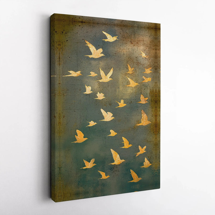 Golden Birds Canvas Wall Art | Rustic Art with Gold Bird Silhouettes | Premium Gallery Wrapped Canvas | Modern Farmhouse Living Room Decor Gift