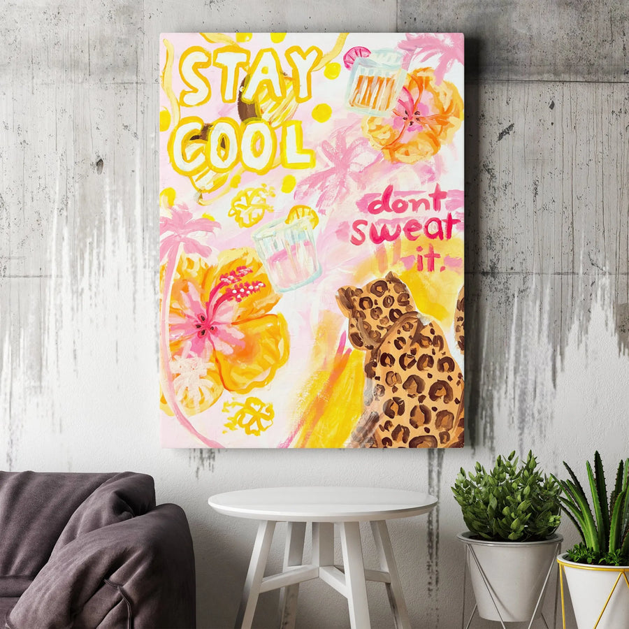 Stay Cool Don't Sweat It Canvas Wall Art | Tropical Hibiscus & Leopard Print Design | Premium Gallery Wrap Wooden Frame | Vibrant Summer Home Decor Gift