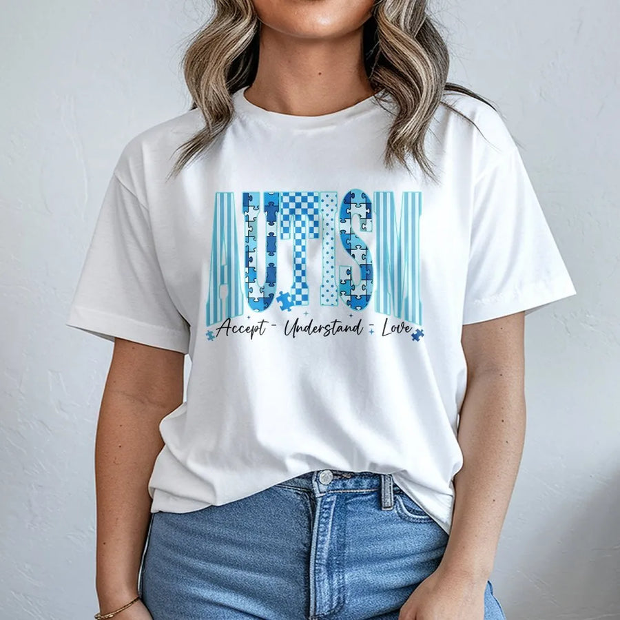 Autism Awareness Shirt | Accept Understand Love Puzzle Graphic | Soft Cotton Tee | Neurodiversity Support Gift for Teachers & Parents