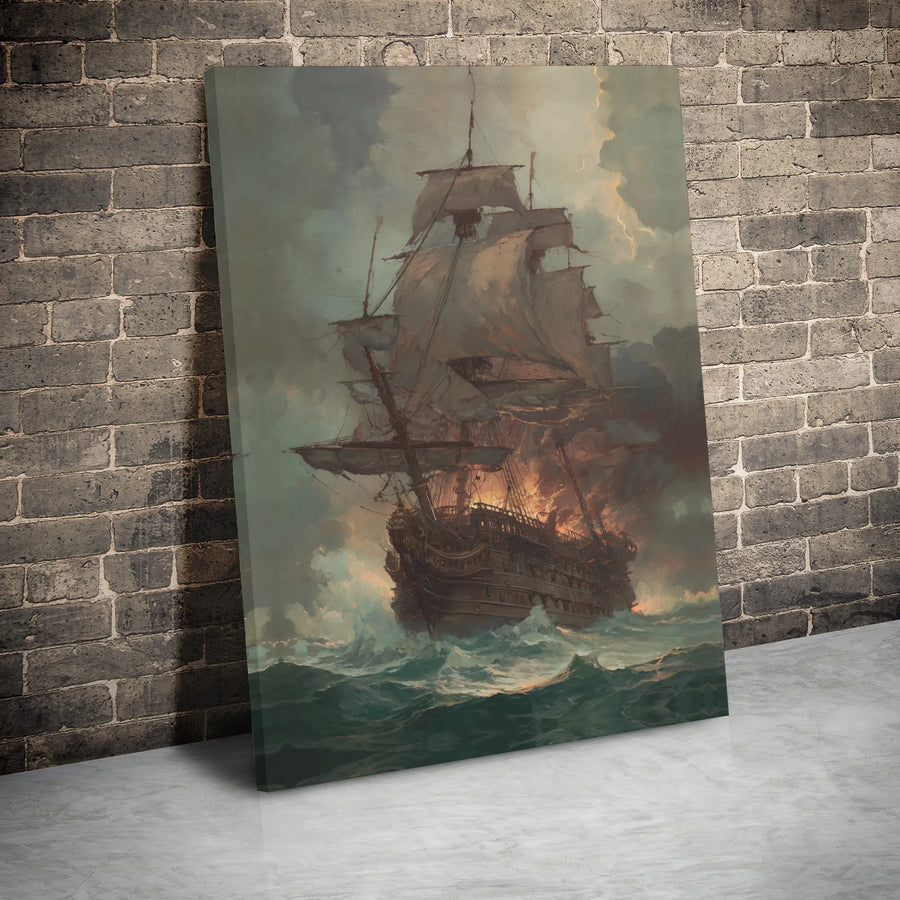 Burning Galleon Ship Canvas Art | Stormy Nautical Ocean Painting | Gallery Wrap Premium Wall Decor | Gift for Maritime History Collectors