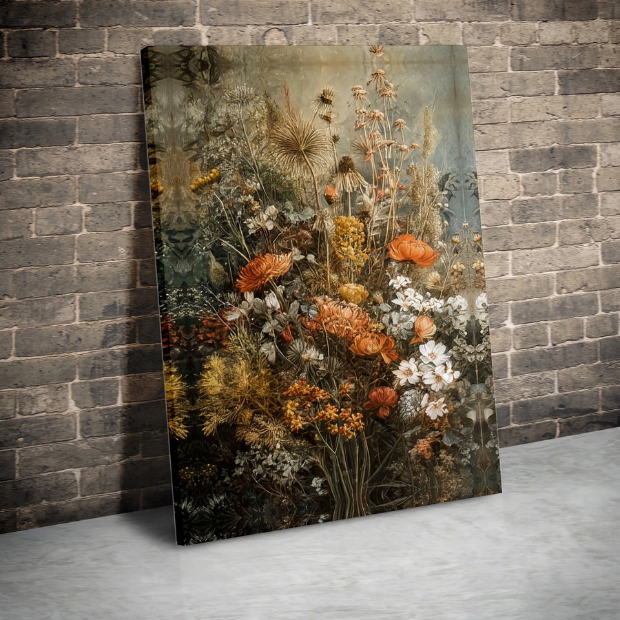 Vintage Wildflower Bouquet Canvas Print | Moody Botanical Still Life Art | Premium Gallery-Wrapped Wall Decor | Rustic Farmhouse Home Gift