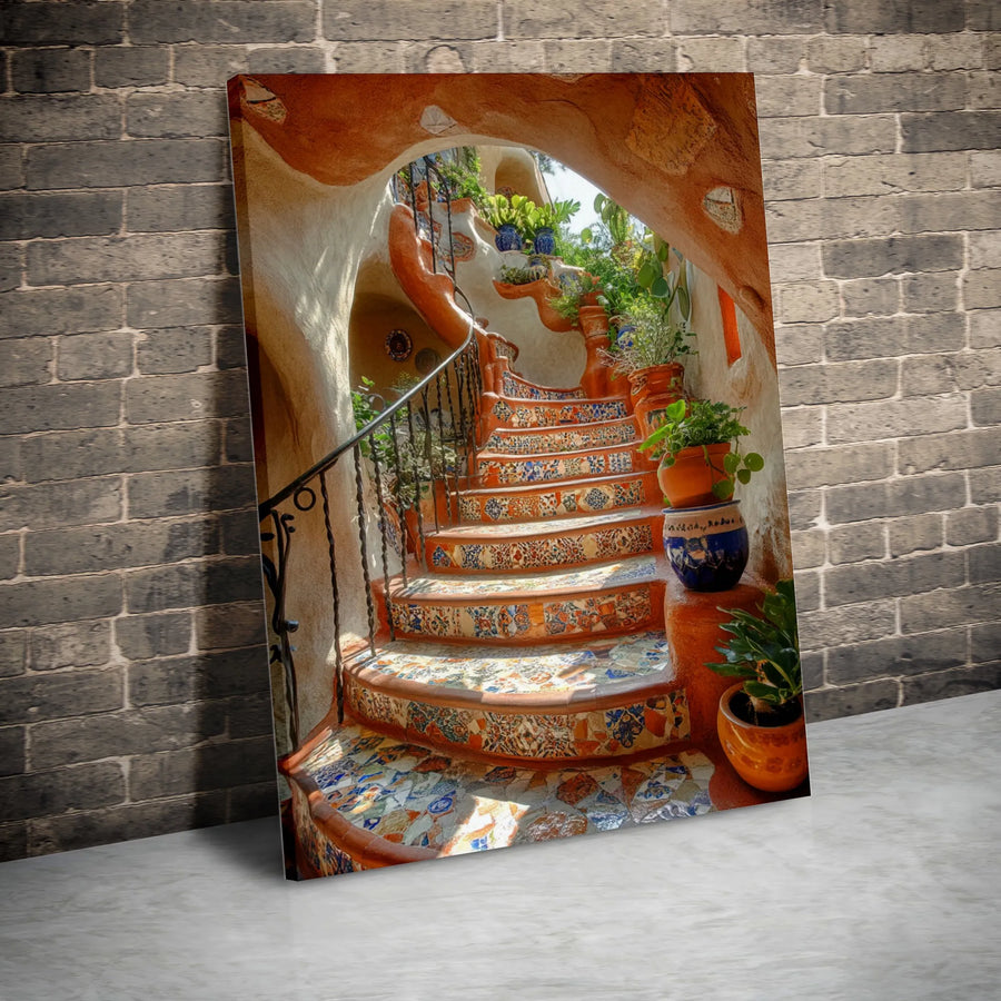 Mediterranean Tiled Staircase Canvas Art | Bohemian Garden Path Wall Decor | Premium Fade-Resistant Print | Large Framed Wall Hanging for Home