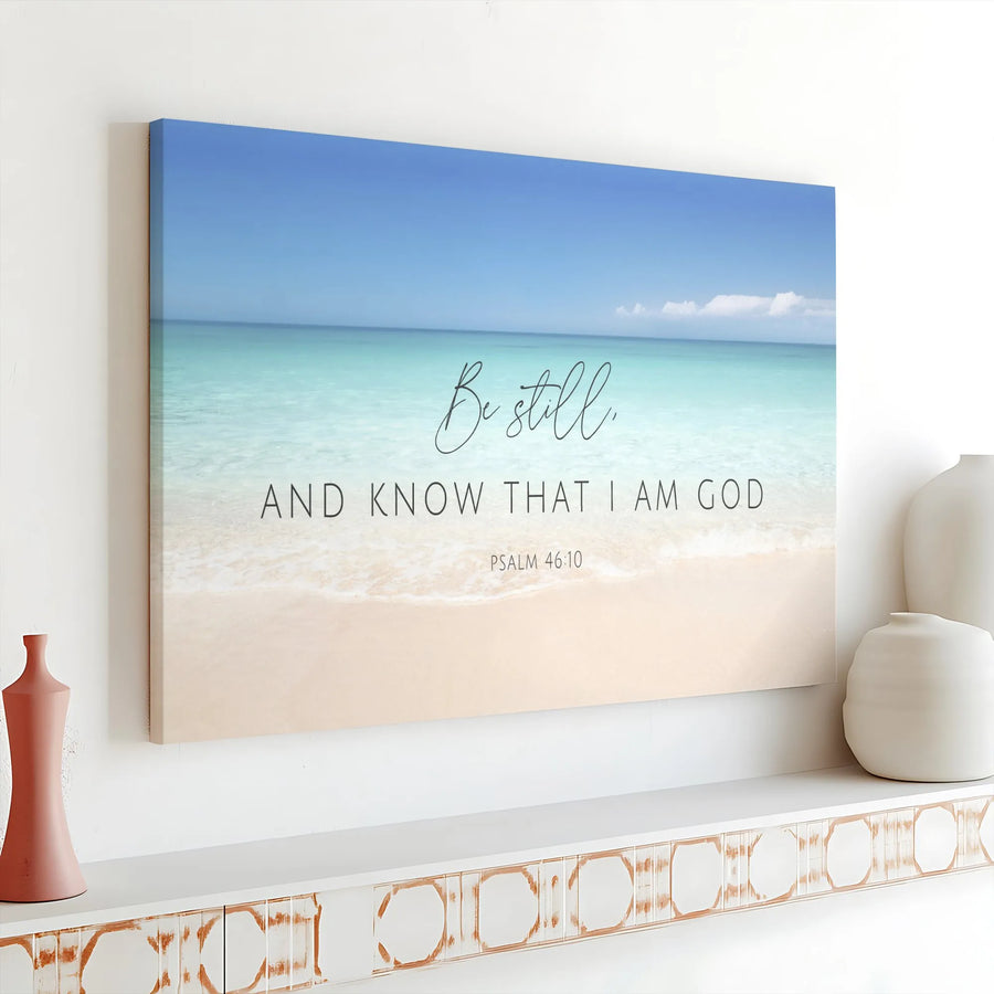 Psalm 46 10 Scripture Horizontal Canvas | Be Still Beach Ocean Scene Wall Art | Fade-Resistant Gallery Wrap | Encouragement Gift, Christian Home Decor