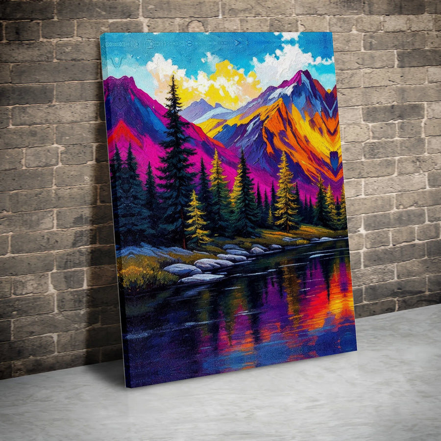 Colorful Mountain Canvas Art | Vibrant Landscape with Lake & Pines | Gallery Quality 1.25" Profile | Modern Nature Wall Decor Gift