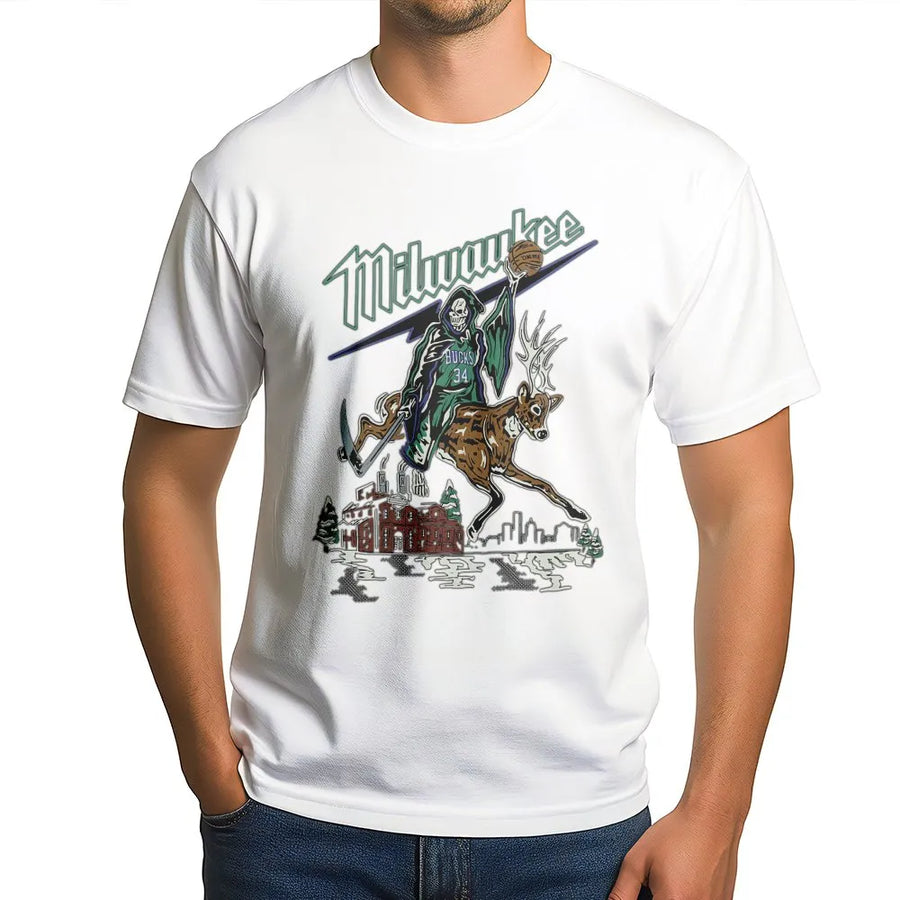 Milwaukee Bucks Grim Reaper Deer T-Shirt – Giannis 34 Basketball Streetwear Graphic T-Shirt, Nba Fan Gift, Vintage Milwaukee Bucks T-Shirt