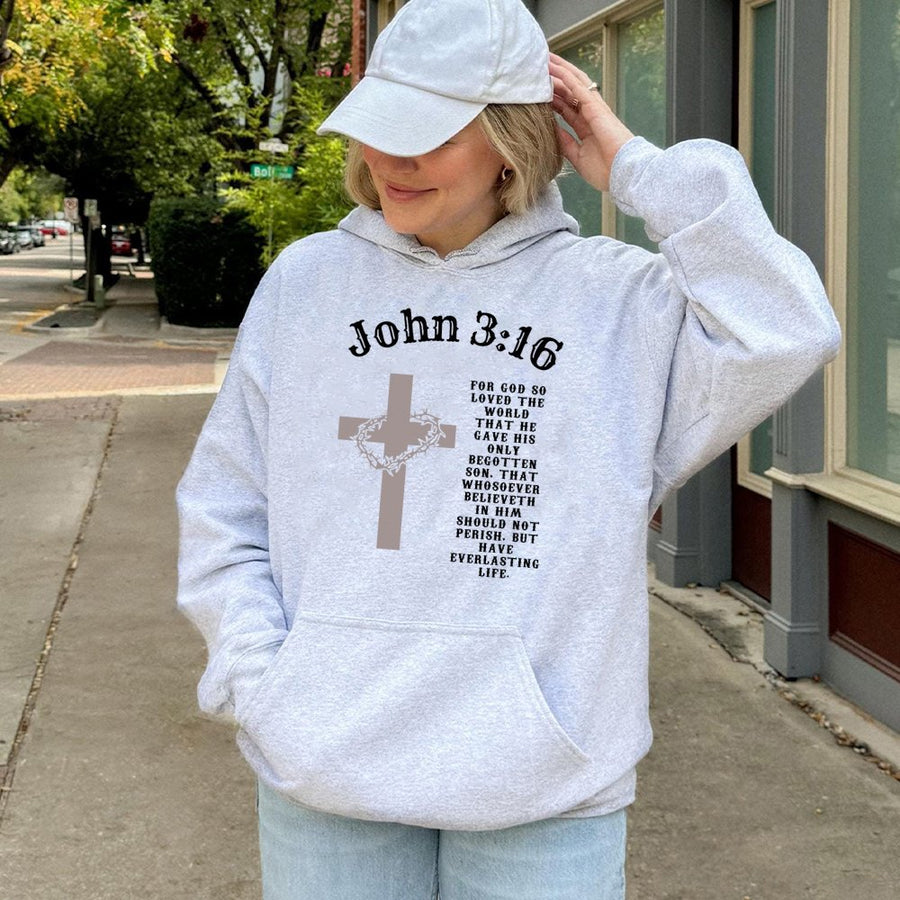 John 3:16 Hoodie | Cross and Crown of Thorns Bible Verse Graphic | Premium Cotton Blend | Faith-Based Christian Gift for Men and Women