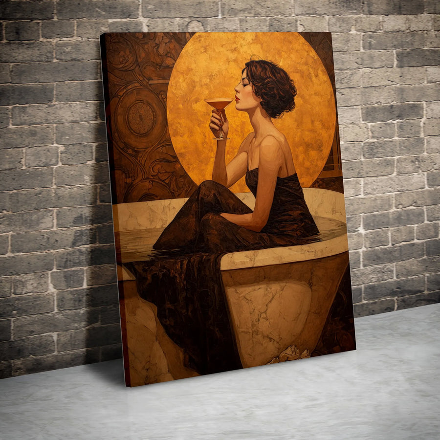 Art Deco Woman Portrait Canvas | Golden Sun Cocktail Gown Print | Premium Gallery Wrapped Wall Art | Elegant Home Decor Gift for Her