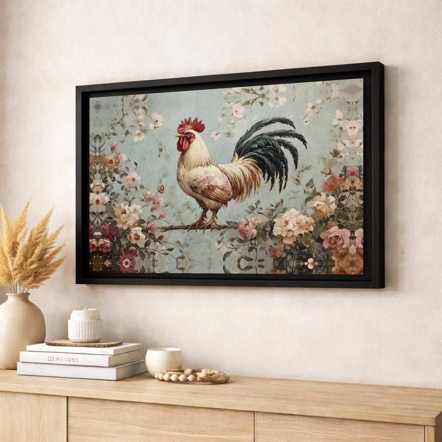 Vintage Rooster Wall Art | Farmhouse Floral Painting Print | Premium Gallery Wrapped Canvas | Country Kitchen Decor Gift