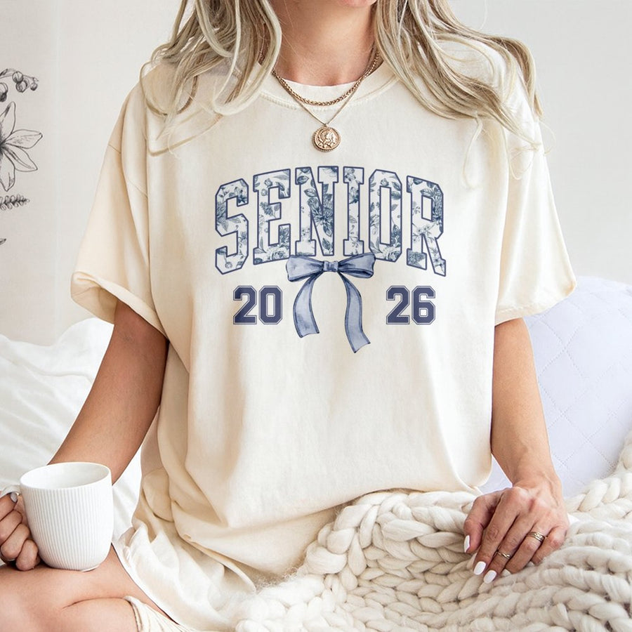 Senior 2026 T-Shirt | Coquette Bow Blue Toile Aesthetic | Premium 100% Cotton | Graduation Gift For High School Seniors