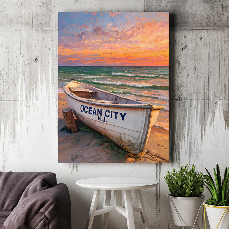 Ocean City NJ Beach Canvas | Coastal Sunset Rowboat Wall Art | Premium Gallery Wrap Decor | New Jersey Shore Souvenir Gift