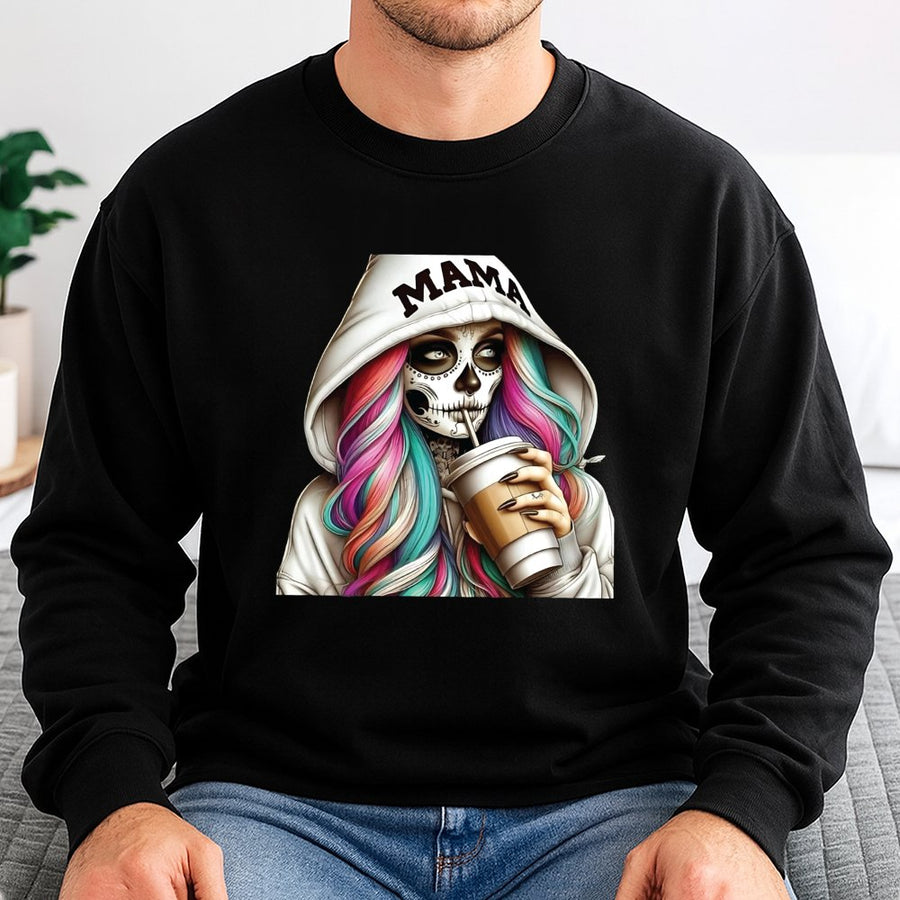 Mama Skeleton Coffee Graphic Sweatshirt | Spooky Halloween Rainbow Hair Design | Premium Cotton Blend Crewneck | Trendy Mom Gift for Pumpkin Spice Season