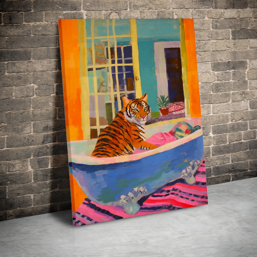 Tiger in Bathtub Canvas Wall Art | Quirky Bathroom Decor | Premium Frameless Print | Unique Gift for Animal Lover