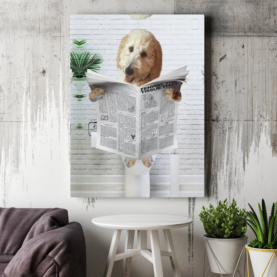 Goldendoodle Dog Canvas Wall Art | Funny Toilet Reading Newspaper Print | 1.25-Inch Premium Gallery Wrap | Whimsical Bathroom Decor Gift for Dog Lovers