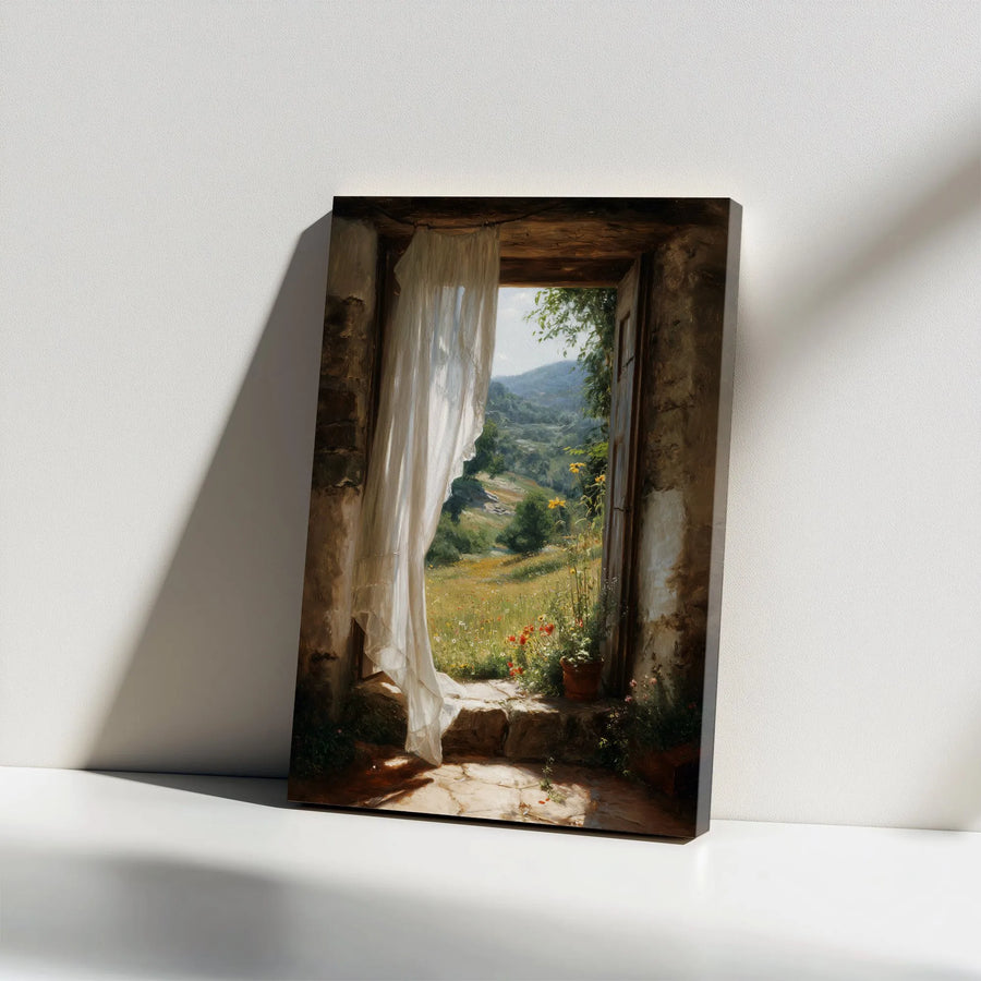 Rustic Window View Canvas Print | Vintage Italian Countryside Painting | Premium Fade-Resistant Canvas | Farmhouse Living Room Wall Decor Gift