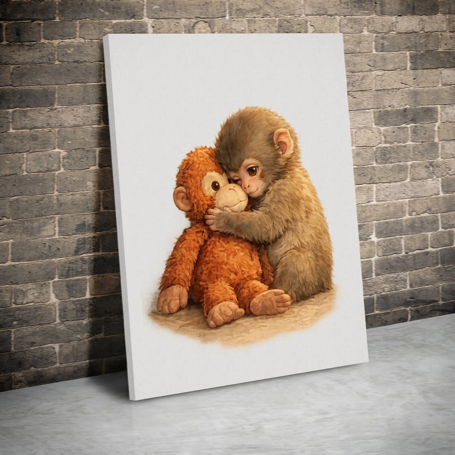 Cute Baby Monkey Canvas Wall Art | Adorable Illustration of Monkey Hugging Stuffed Animal | Premium Gallery Wrapped Canvas | Gift for Kids & Nursery Decor
