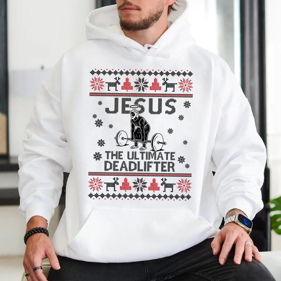 Jesus Deadlift Ugly Christmas Hoodie | Funny Gym Weightlifting Design | Premium Soft Fleece Pullover | Religious Fitness Gift for Men Women