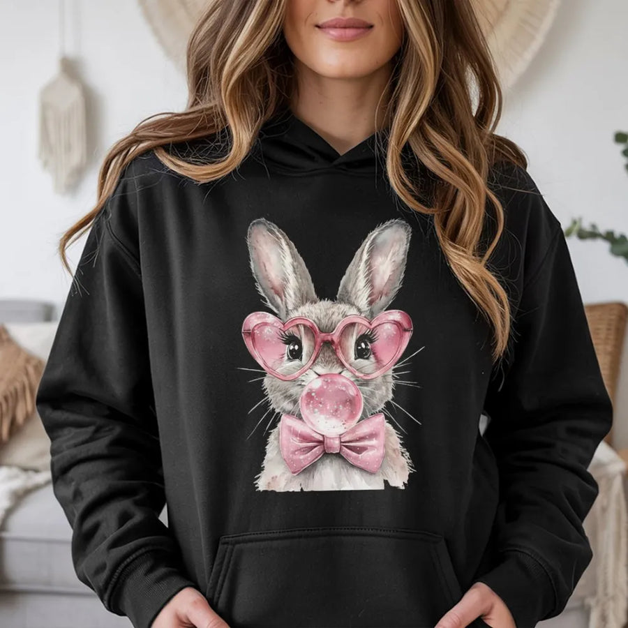 Easter Bunny Hoodie | Cute Pink Heart Glasses Bubblegum Rabbit Graphic | Premium Soft Cotton Blend | Festive Spring Holiday Gift for Her