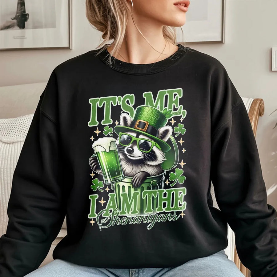 It's Me I Am The Shenanigans St Patrick's Day Sweatshirt | Funny Raccoon Leprechaun Graphic | Premium Cotton Blend | Gift For Him And Her