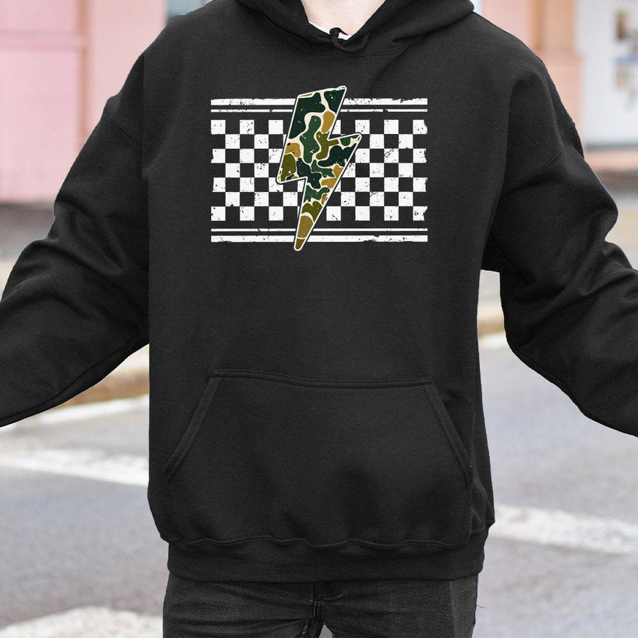 Camo Lightning Bolt Hoodie | Distressed Checkered Pattern Design | Premium Cotton Blend | Gift for Hunting Enthusiasts and Outdoor Lovers