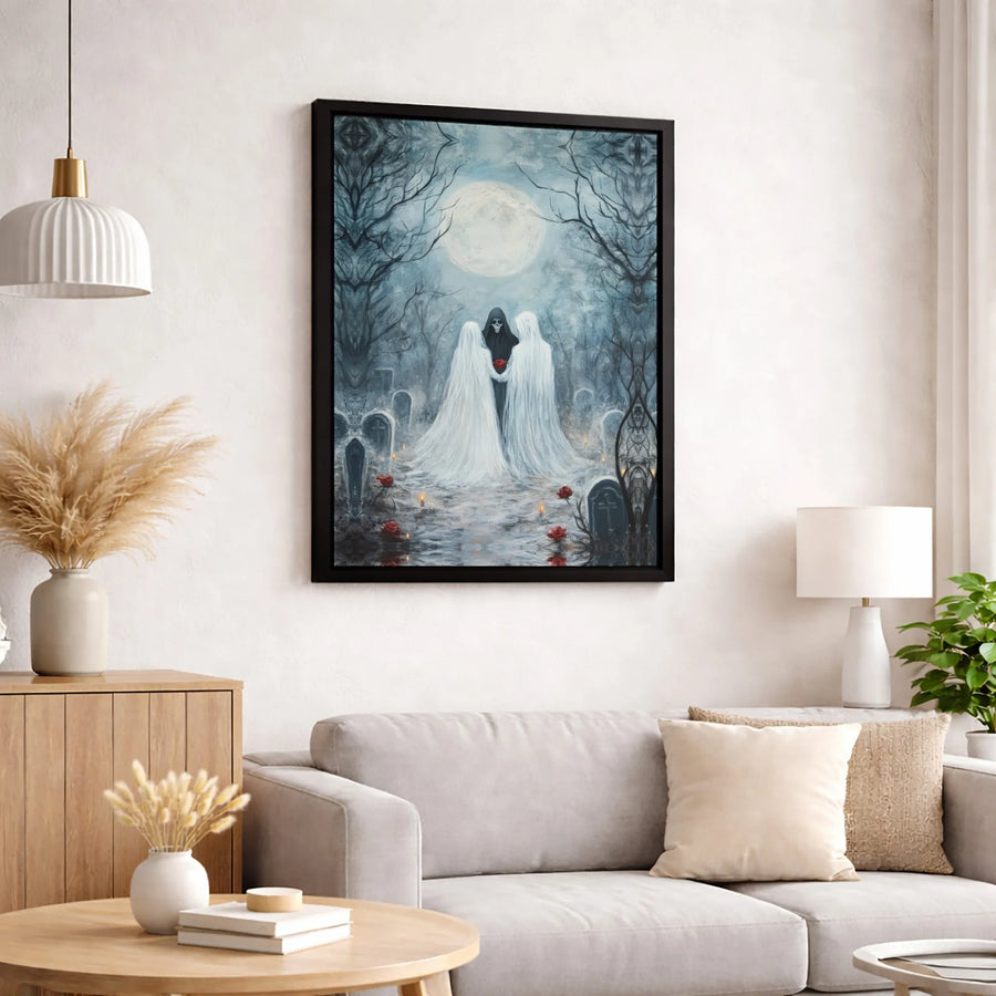 Gothic Wall Art | Grim Reaper With Ghost Brides & Red Roses | Gallery-Quality 1.25" Canvas | Macabre Home Decor Gift