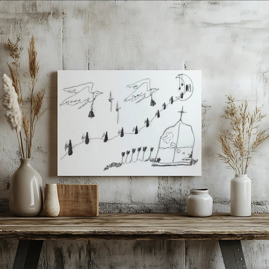 Surreal Bird and Moon Canvas Print | Minimalist Ink Sketch Illustration | Premium Gallery-Wrapped Canvas | Modern Home & Office Decor Gift