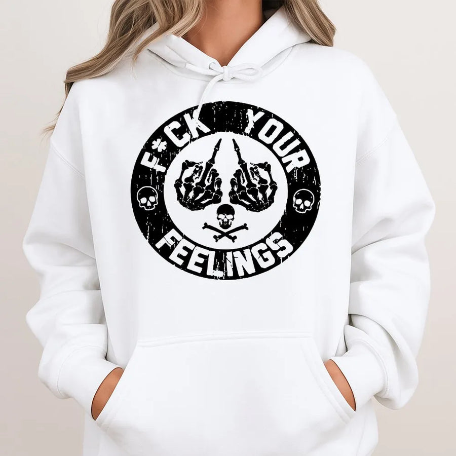 Fuck Your Feelings Skull Hoodie | Distressed Skeleton Hand Graphic | Premium Cotton Blend | Edgy Streetwear Gift For Men And Women