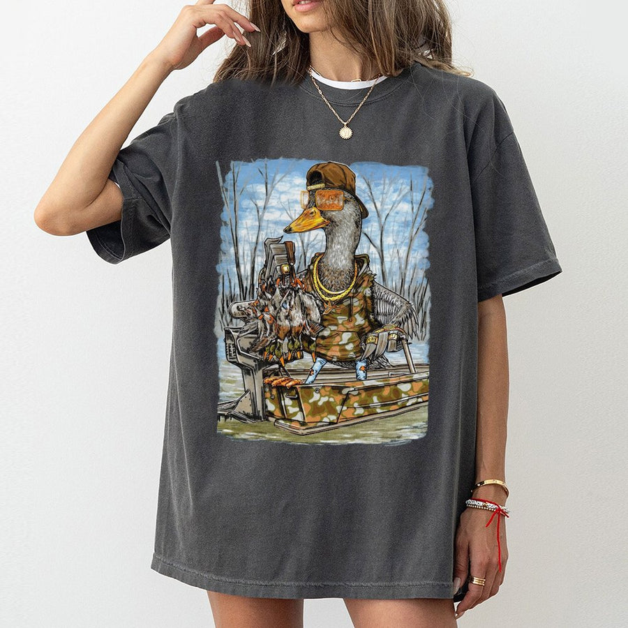 Duck Hunting T-Shirt | Gangster Mallard Cartoon in Camo Gear | Premium Soft Cotton | Funny Gift for Waterfowl Hunters and Outdoorsmen