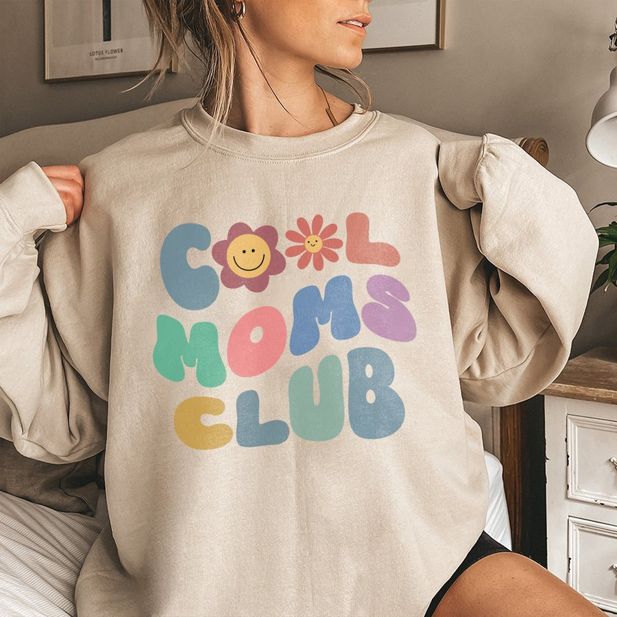 Cool Moms Club Sweatshirt | Retro Wavy Text Smiley Flower Design | Soft Cotton Blend Crewneck | Trendy Mother's Day 2026 Gift for Mom