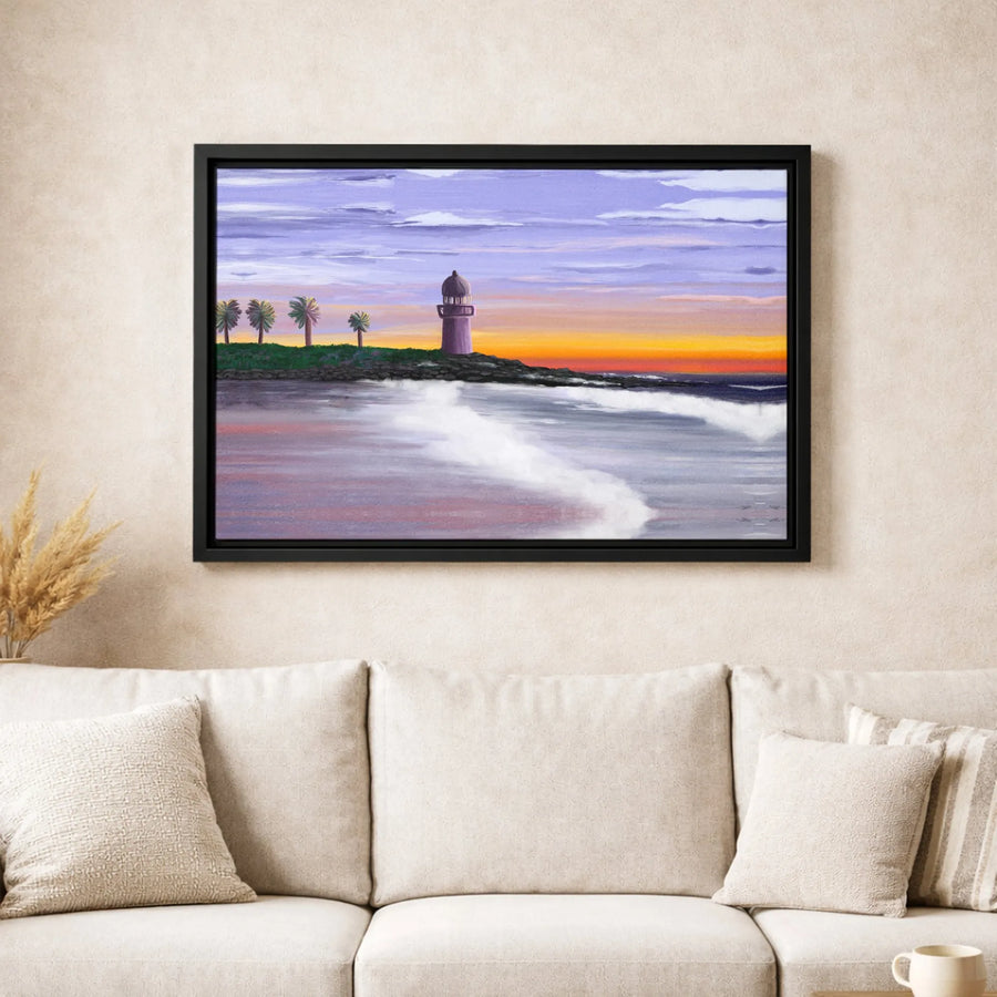 Coastal Lighthouse Canvas Wall Art | Sunset Ocean Palm Trees Painting | 1.25-Inch Gallery Wrap | Nautical Home Decor Gift for Beach Lovers