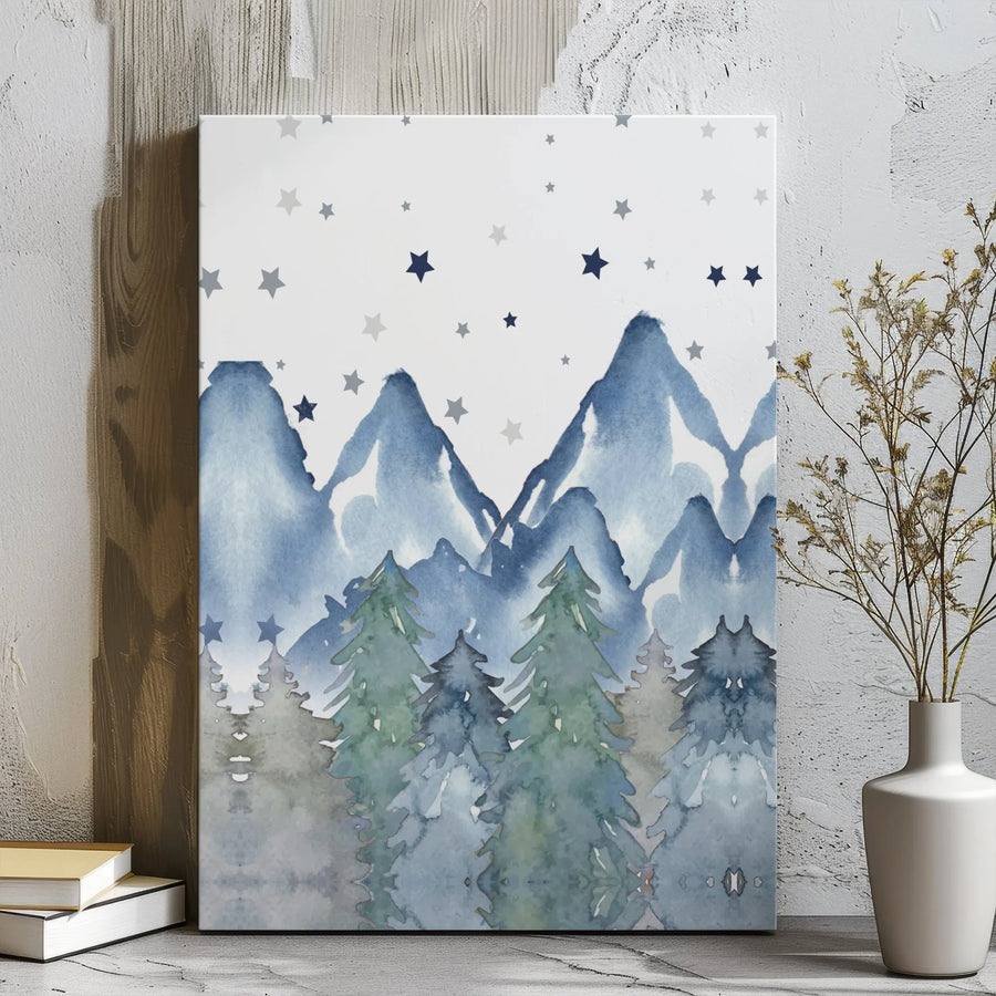 Watercolor Mountain Forest Wall Art | Blue Pine Tree Landscape with Stars | Premium Gallery Wrapped Canvas | Nursery & Modern Home Decor Gift
