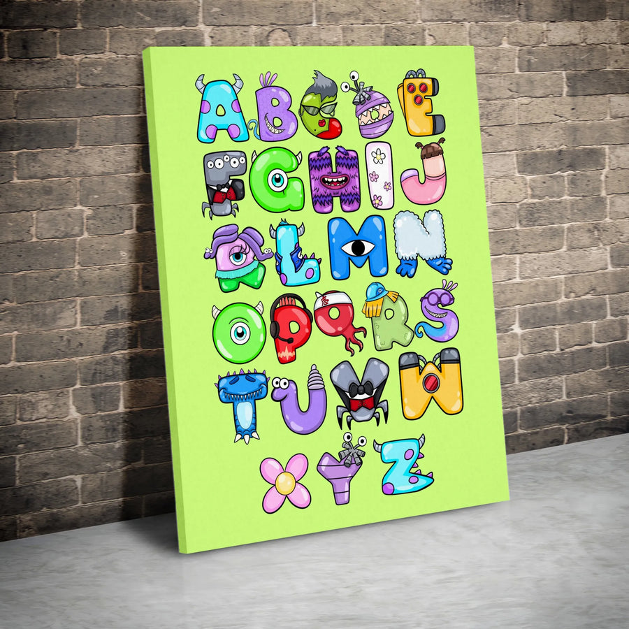 Monster Alphabet Wall Art | Cute Cartoon Letter Print | Premium Gallery-Wrapped Canvas | Educational Nursery or Kids Room Decor Gift