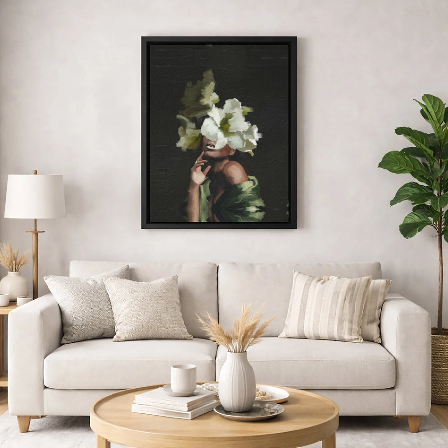 Black Woman Flower Portrait Canvas | Moody Floral Aesthetic Art | Premium Gallery Wrapped Print | Modern Minimalist Home Decor Gift