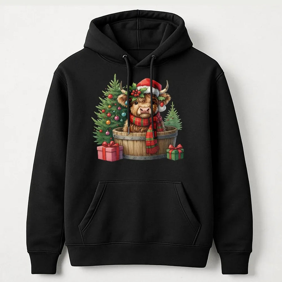 Christmas Highland Cow Hoodie | Festive Baby Cow in Barrel Design | Premium Cotton-Blend Pullover | Cute Holiday Gift for Farm Animal Lovers
