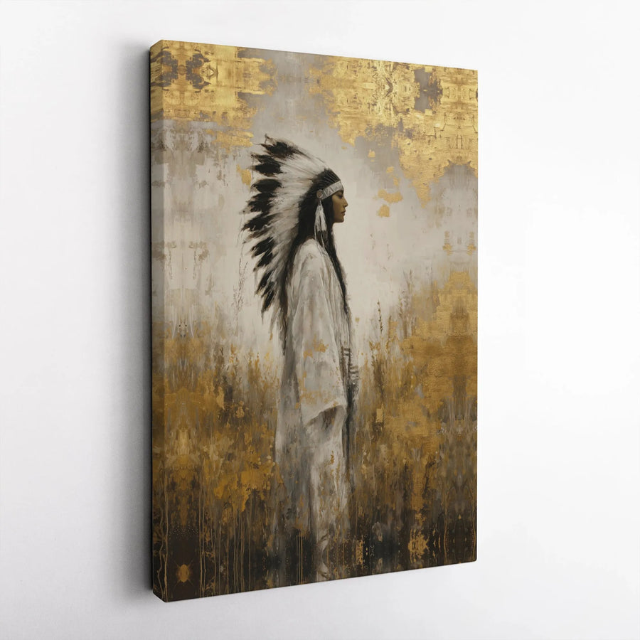 Native American Woman Canvas Art | Abstract Gold Foil Portrait | Premium Gallery Canvas | Collector's Western Home Decor Gift