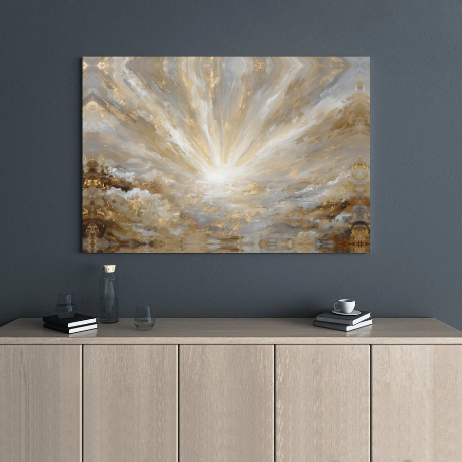 Abstract Gold Leaf Wall Art | Radiant Sunburst Clouds Canvas Print | Premium Gallery Wrap Decor | Modern Living Room Home Gift
