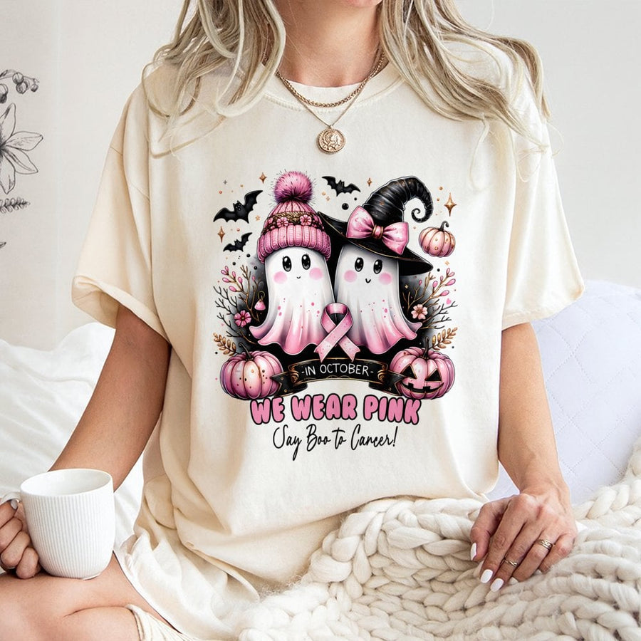 Breast Cancer Awareness T-Shirt | Say Boo To Cancer Ghost Halloween Design | Premium Soft Cotton Tee | Supportive Gift For Survivors & Fighters